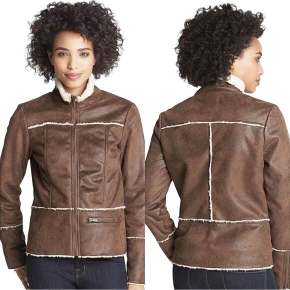 Prana Faux Suede Sherling Leather Sherpa Lining Dark Brown Zip Up Jacket Size XS - Picture 1 of 13